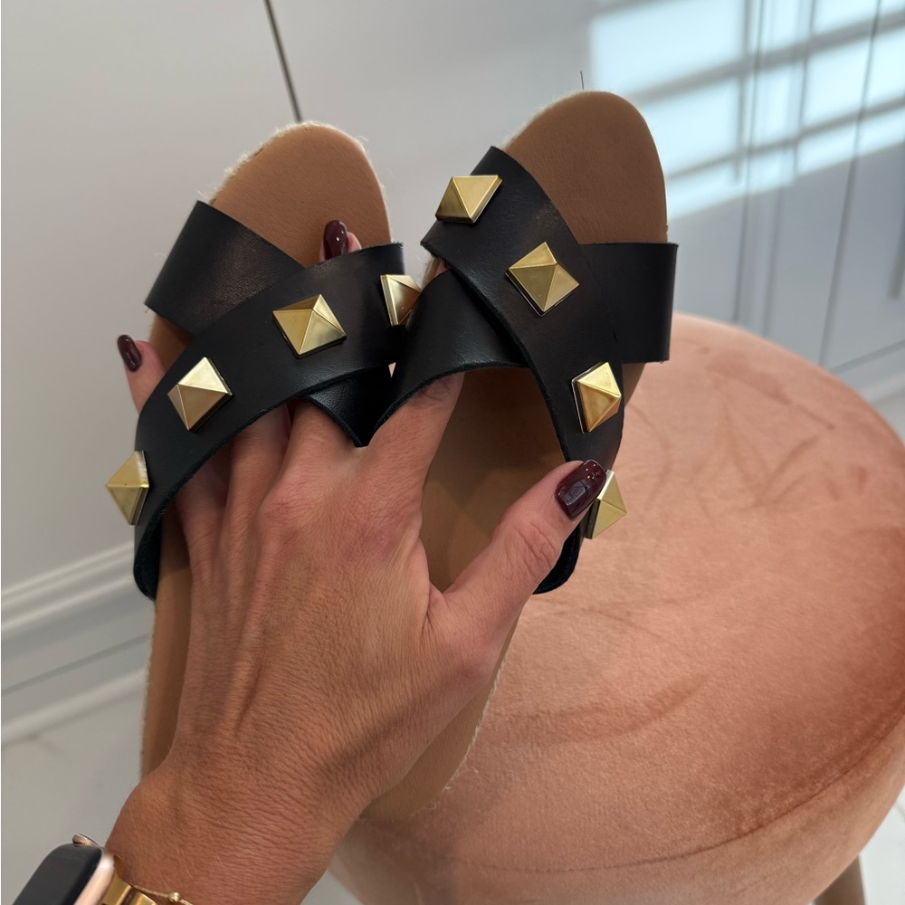 Black and Gold Studded Wedge Sandals